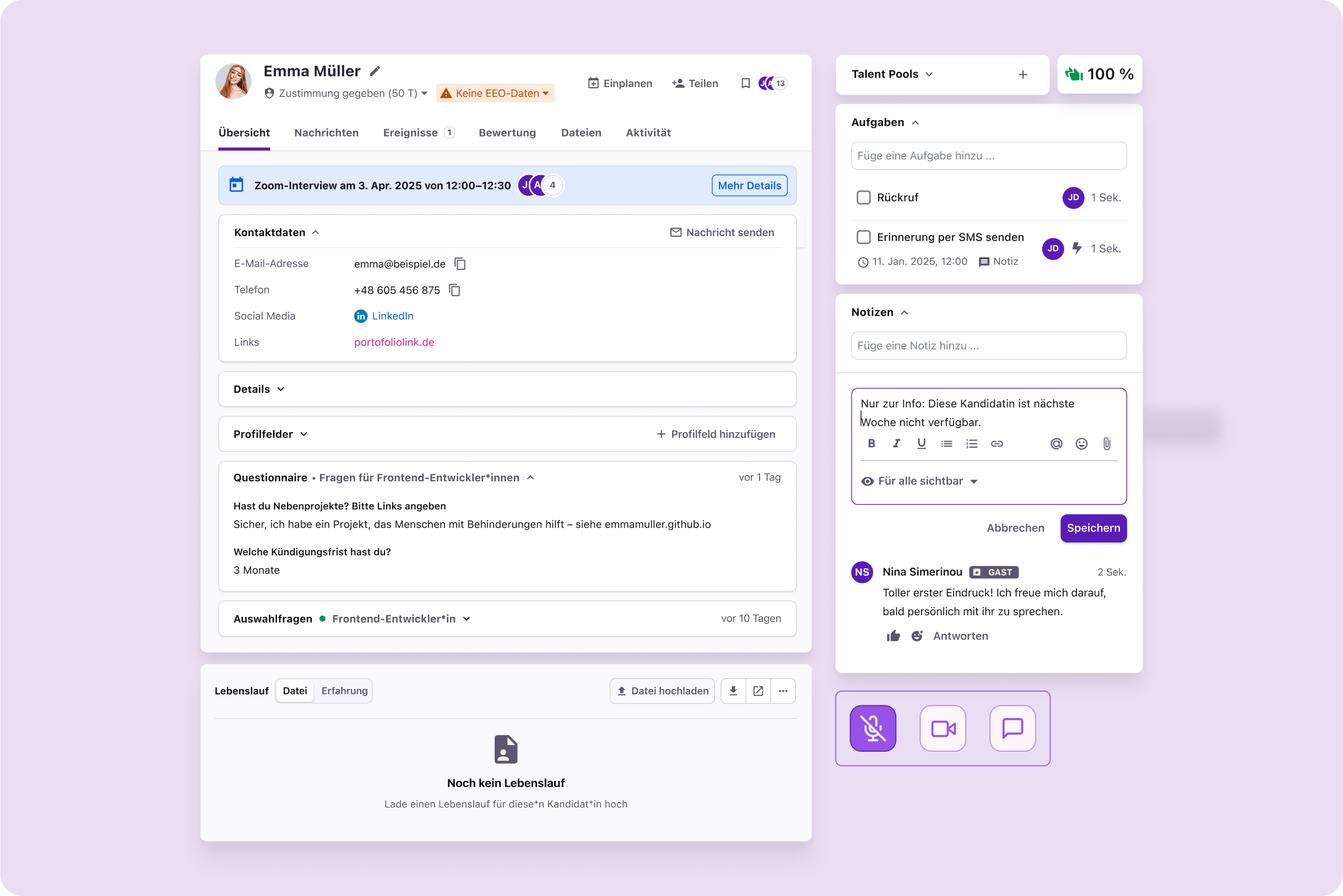 Tellent Recruitee DE - Candidate profile + Interview and evaluations