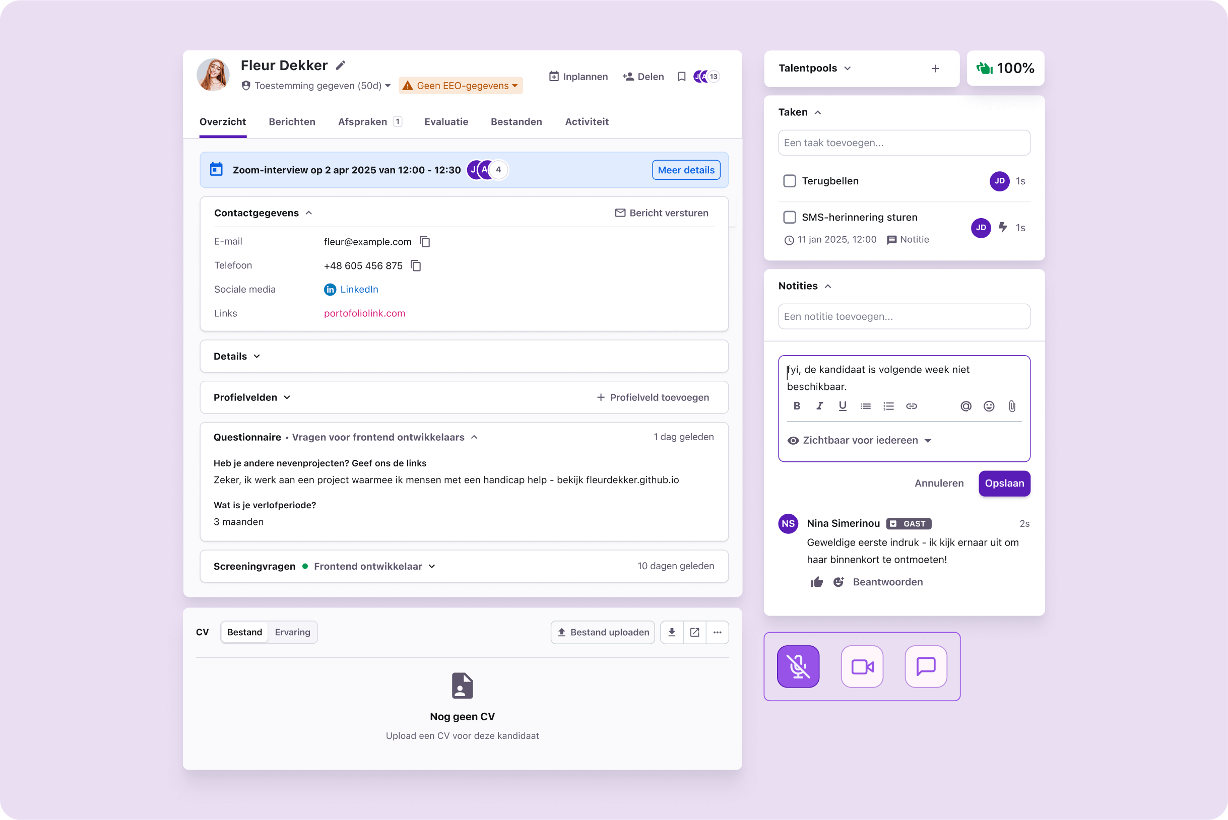Tellent Recruitee NL - Candidate profile + Interview and evaluations