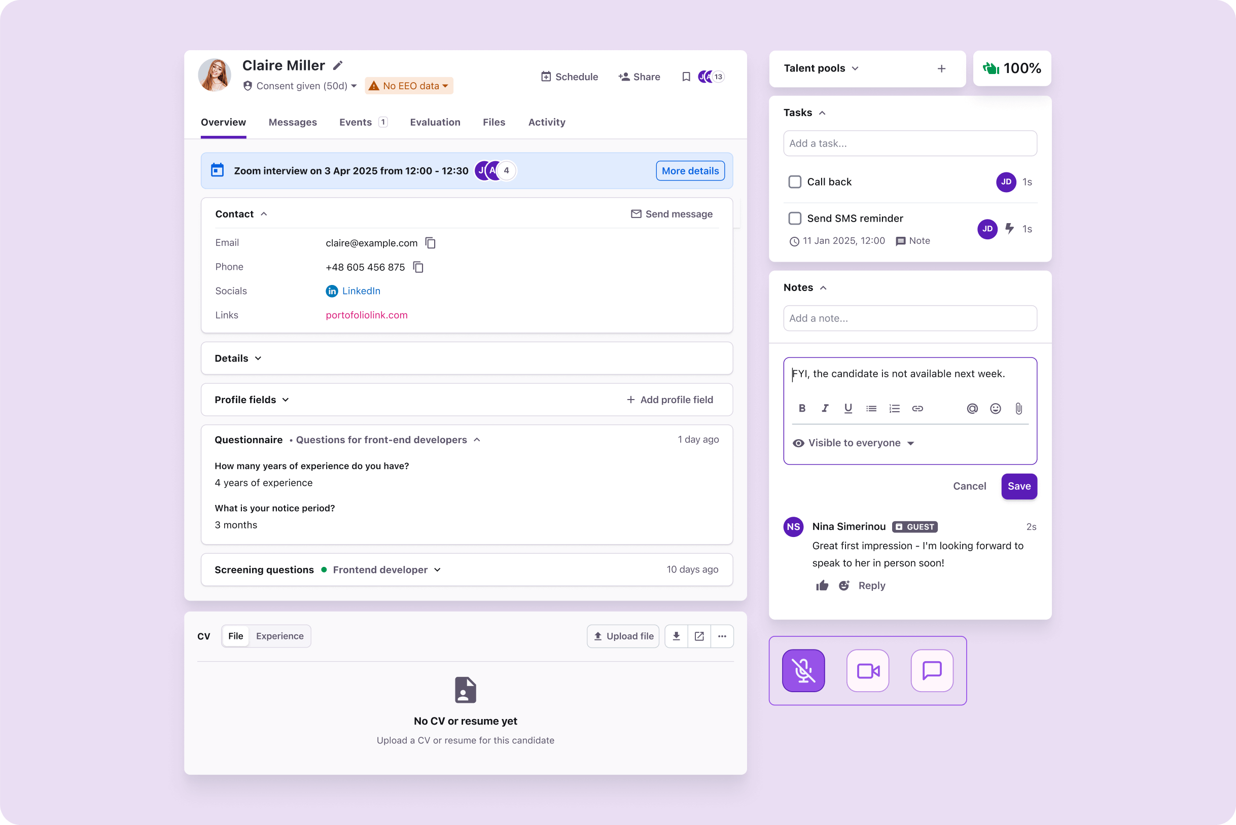 Tellent Recruitee EN - Candidate profile + Interview and evaluations